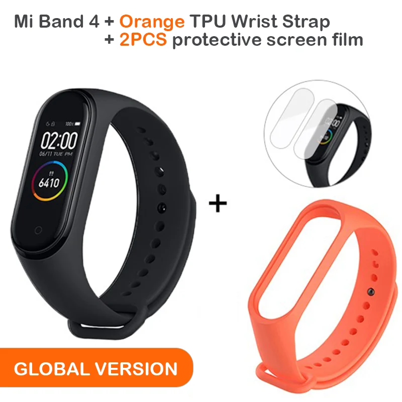Add Orange Strap Глобальная версия, Xiaomi Mi, 4 смарт-браслет, AMOLED экран, Smartband, фитнес-браслет, Bluetooth, спортивный, водонепроницаемый - Цвет: Add Orange Strap