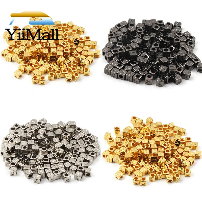 

200 шт Позолоченные акриловые бусины с буквенным принтом, 6/7 мм квадратные плоские круглые свободные бусины для самостоятельного изготовлен...