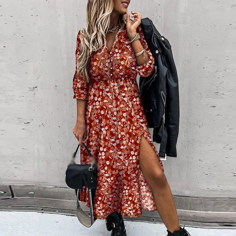 

Vintage Floral Print Sweet Women's Dress Long Sleeve V-Neck Button Split Sexy Mid Dresses Tide Spring Summer Female Clothes New