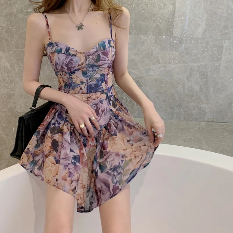 

Korean 2021 Summer New Patchwork Women Clothing Strap Dress Fashion Sundress Sexy Floral Casual Ruched Beach Slip Mini Dress