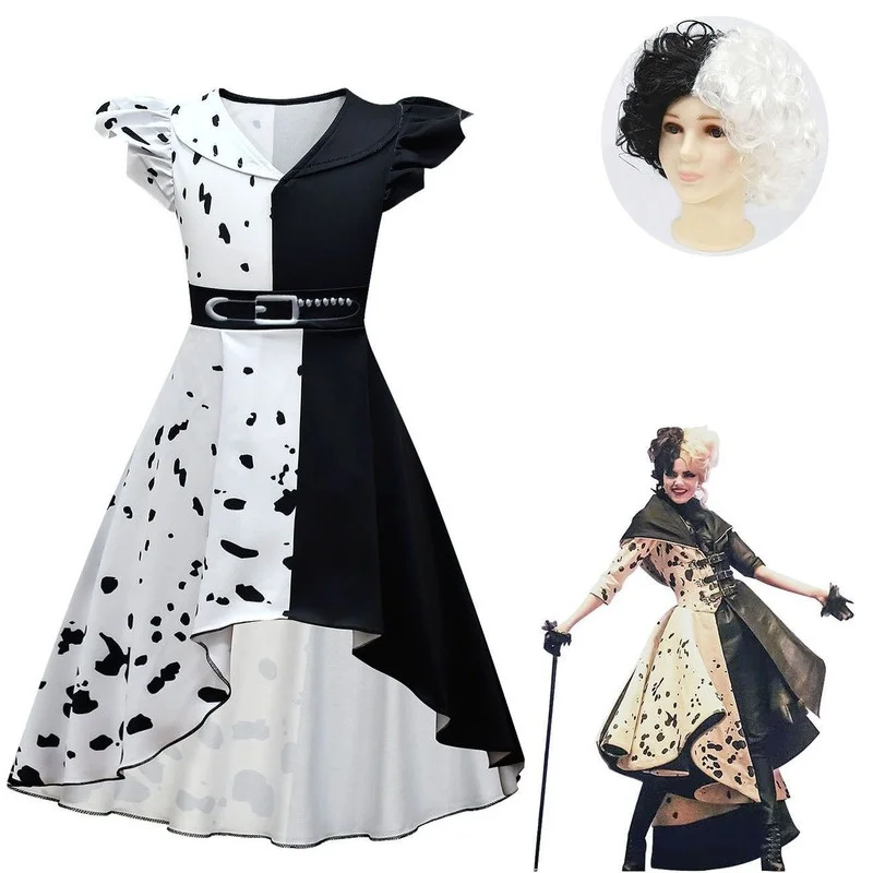 

dresses for Kids girls Princess Cruella Cosplay Costumes Children Black White Witch Kuila dress Halloween Costume Girls Wig