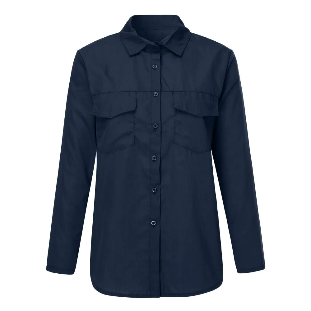 

Women Harajuku T-Shirt Tops Casual Solid Long Sleeve Turn Down Collar Pockets Button Front Shirt Tops Tee Shirt Femme