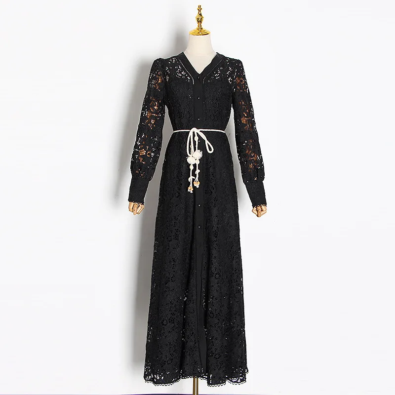 

New popular logo fall hollow out long sleeve accept waist belt v neck shells decoration in long dress