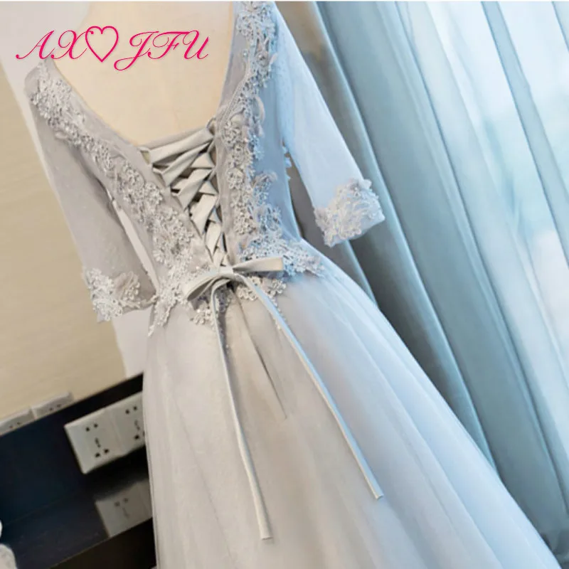 

AXJFU princess grey flower lace Bridesmaid Dress party fashion v neck beading pearls half sleeve long a line Bridesmaid Dress