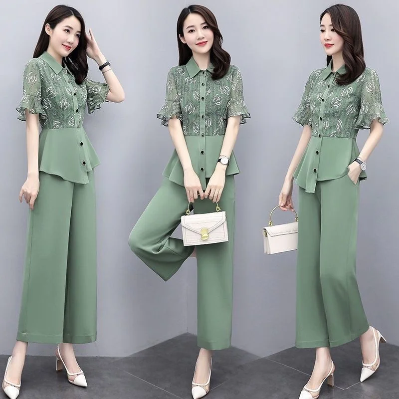 

Women's Suit 2021 Summer New Style Slim Fashion Wide Leg Pants Lace Crop Top Two Piece Set Women Blouse Clothing Office Outfits