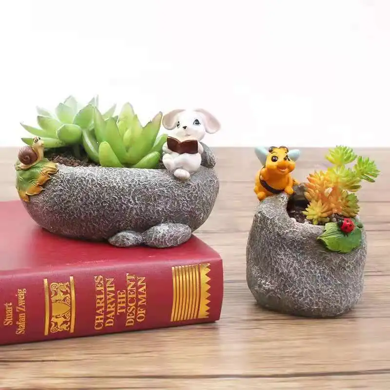 

Creativity Cute Animal Small Resin ImitationStoneSucculentPlant Pots Personality MicroLandscape Cartoon Rabbit Flower Device