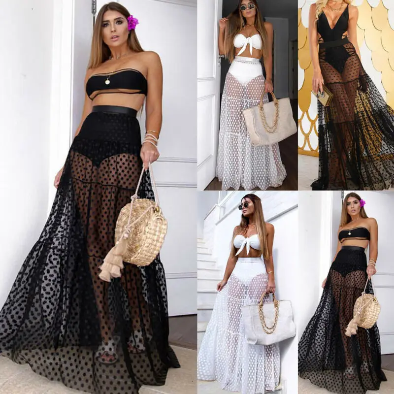 Модная женская одежда макси юбка прозрачная в горошек плиссированная Ретро