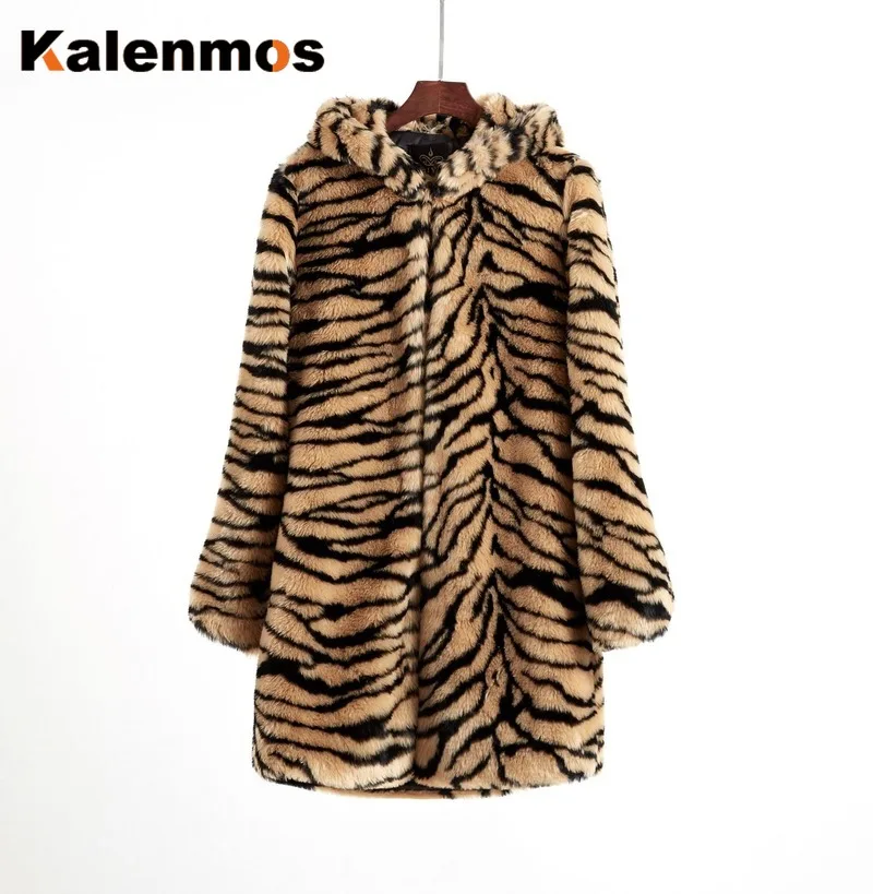 

Plus Size 4XL Long Coat Women Fall Winter Daily Casual Loose Outfit Handmade Slim Jacket Thick Warm Tiger Pattern Faux Fur Coats