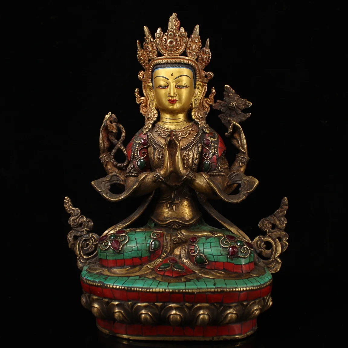 

13 дюймов Тибетский буддизм старый Бронзовый драгоценный камень окрашенный контур в золото четырехвооруженный гуанин покровитель снега си...