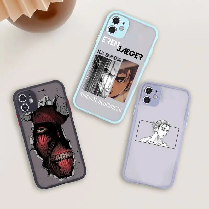 

attack on titan Phone Case For iPhone 12 11 Mini Pro XR XS Max 7 8 Plus X Matte transparent blue Back Cover