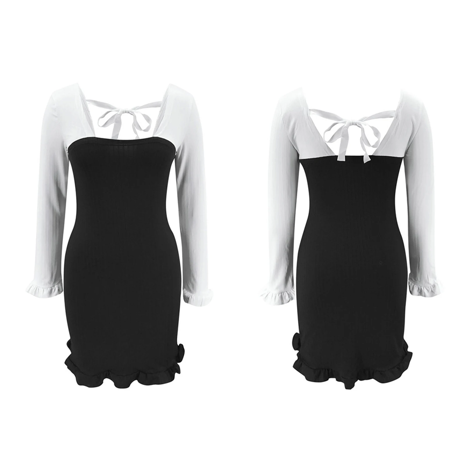 

Sexy Women Ribbed Sheath Patchwork Mini Dress Long Sleeve O Neck Lace up Backless Female Fashion Party Clubwear Dresses 2021 New