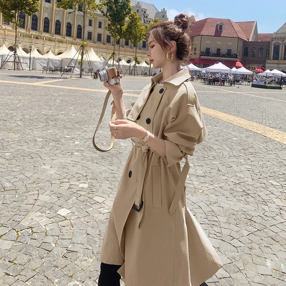 

Тренчкот женский двубортный с поясом, Модная элегантная приталенная ветровка в Корейском стиле, базовое Свободное пальто, весна-осень 2021