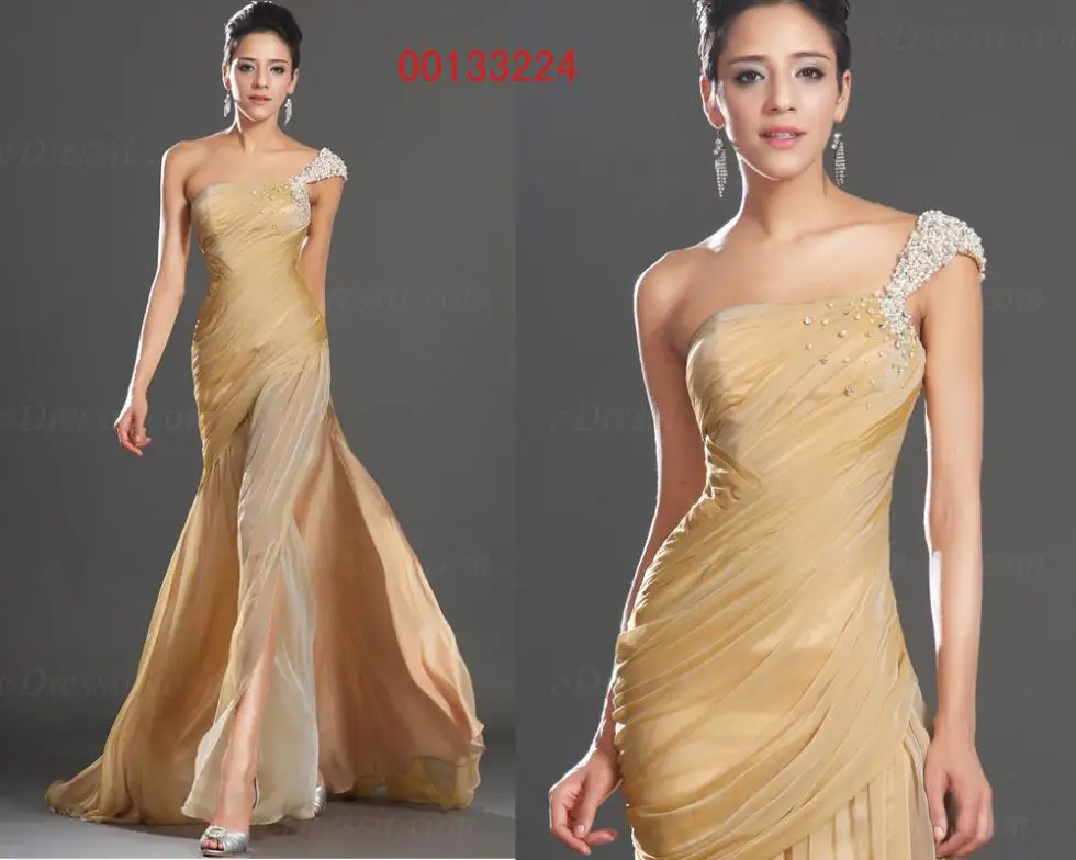 

2018 special offer Top Natural Chiffon Floor-length free Shipping New Sexy One-Shoulder Beading Slit Prom bridesmaid dresses