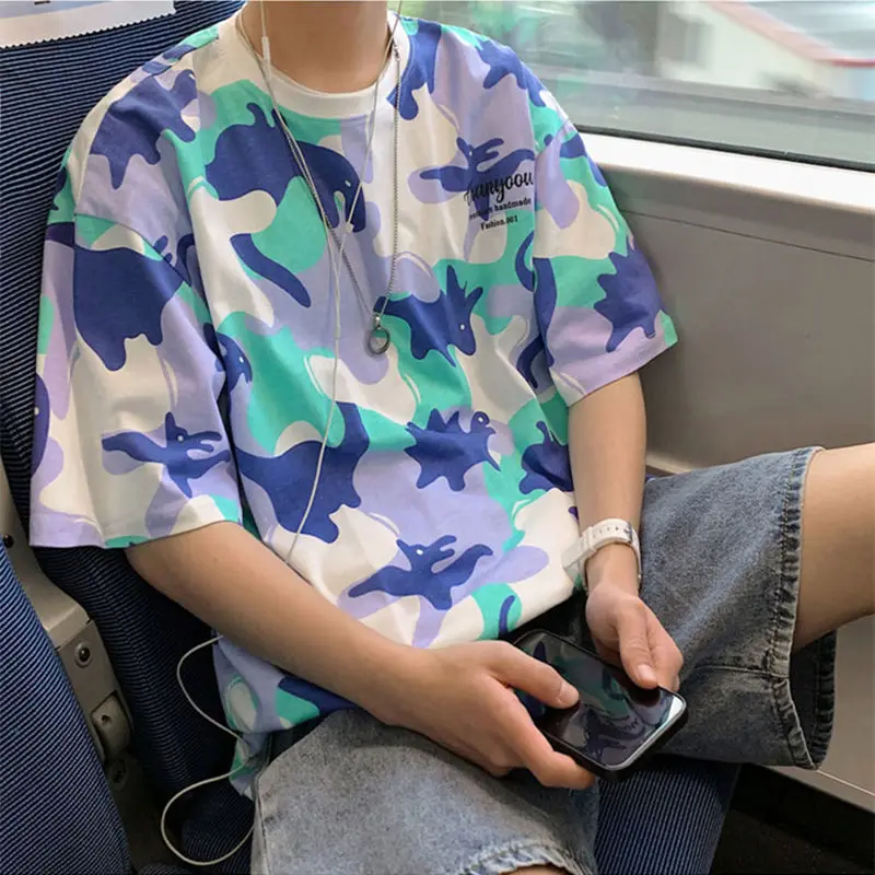 

New Summer Camouflage Trendy Men's T-shirt Printing Half-sleeved Shirt Trend Hong Kong Style Students Loose Short Sleeves