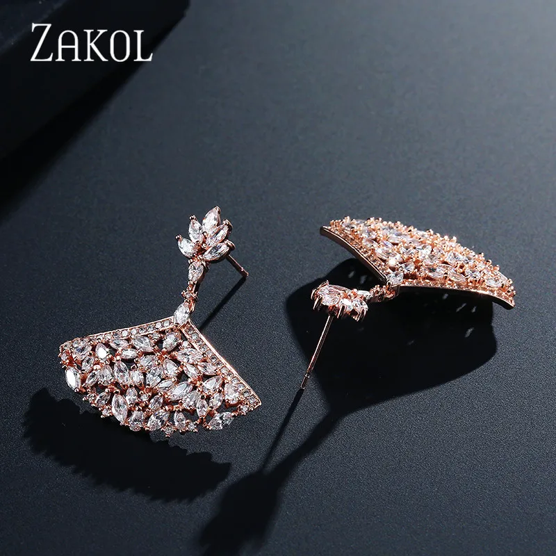 ZAKOL новые элегантные роскошные большие серьги с фианитами с креплением микро-ПАВЕ, хрустальные люстры-вентиляторы Форма серьги в виде капель для Для женщин свадебные Brincos, можно носить с FSEP2069 - Окраска металла: Rose Gold Color