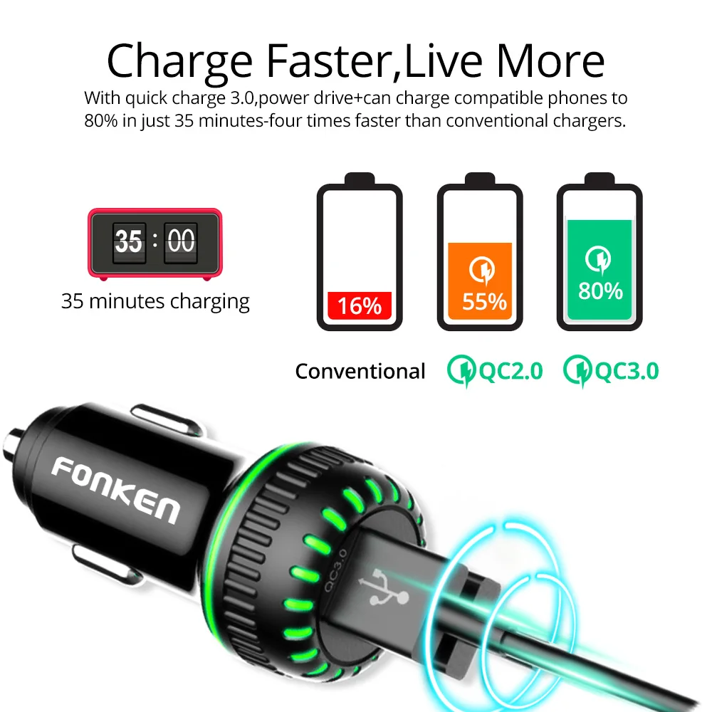 FONKEN USB Автомобильное зарядное устройство с функцией быстрой зарядки 3 0 Для