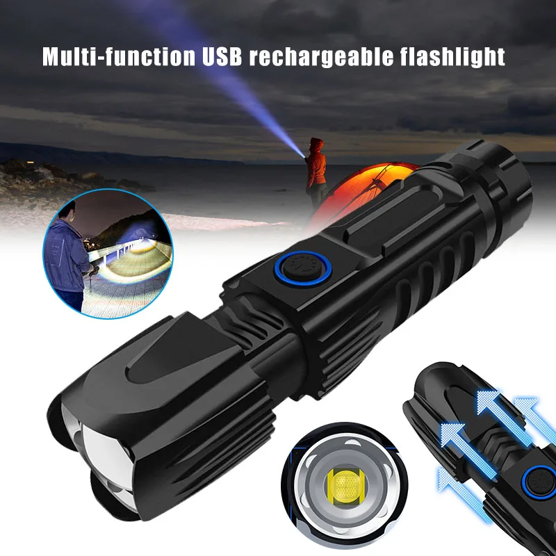 

New Multifunction LED Flashlight USB Rechargeable Zoomable Torch Light Power Display Safety Hammer for Outdoor Camping Fishing