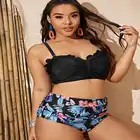 Размера плюс бикини с высокой талией, комплект из 2 предметов, женский купальник с оборками, пикантный купальник с цветочным принтом и высокой талией