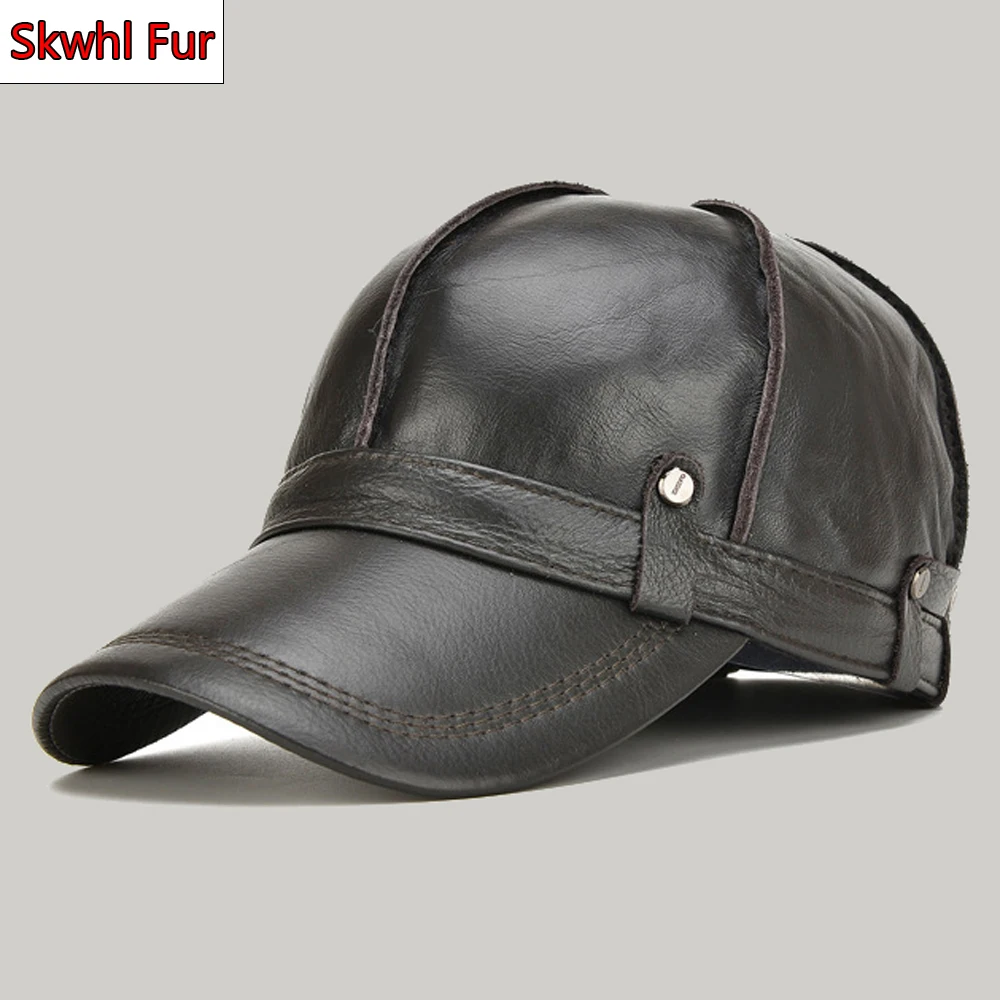 

2021 Winter Male Genuine Leather Baseball Caps Solid Adjustable Men Casual Street Hat Fashion Real Cowhide Leather Earflap Caps