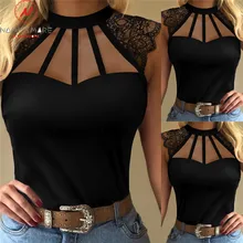Fashion Women Summer Solid Color T-Shirts Hollow Out Design Lace Decor See Through O-Neck Sleeveless Slim Pullovers Top