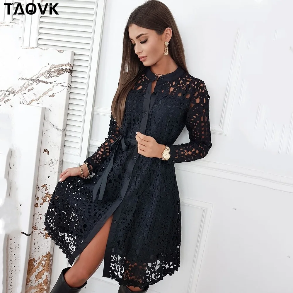 

TAOVK Retro Hollow Out Lace Dress Spring Autumn Women Stand Collar Long Sleeve High Waist Single-breasted Sashes Dresses