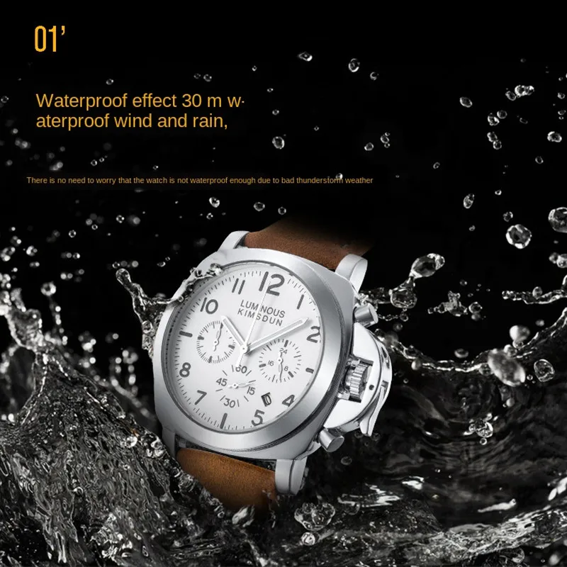 

Fashion Mens Watches Kimsdun Brand Waterproof Sport Wrist Watch Chronograph Quartz Military Genuine Leather Relogio Masculino