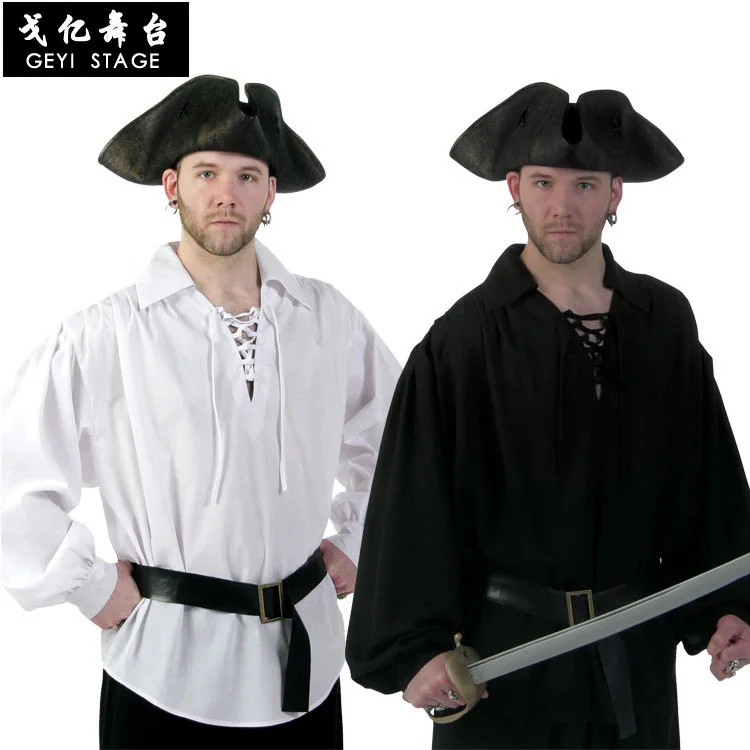 

Men Medieval Costume Cosplay Solid Color Renaissance Pirate Tops Lacing Up Stand Collar Bandage Halloween Party Shirt For Men