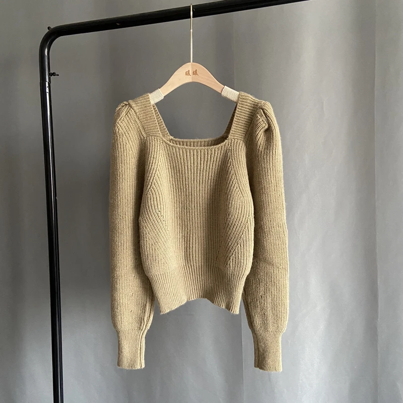 

Korean Solid Square Collar Pullover Knitwear High Waist Short Autumn Sweater New Puff Long Sleeve Pull Jumper Cotton Spandex