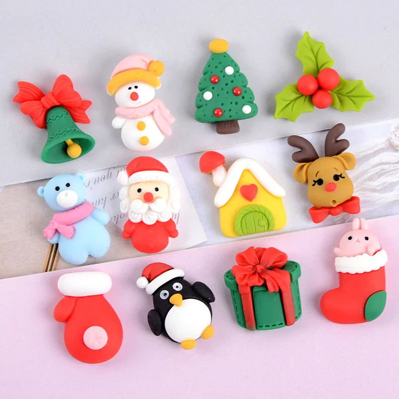 

20PCS Christmas Mix Ornament New Year Hair Bowknot DIY Craft Cartoon Tree Deer Snowman Hat Resin Flatback Home Decorations