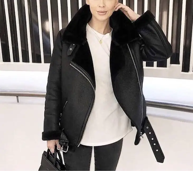 Genuo New 2019 New Winter Women Sheepskin Coats Thicken Faux Leather Fur Female Coat Fur Lining Leather Jacket Aviator Jacket