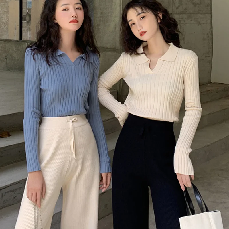 

Knitted Sweater Women Long Sleeve V Neck Cropped Pullover Female Autumn Vintage Casual Crop Tops 2021 Fashion Streetwear New