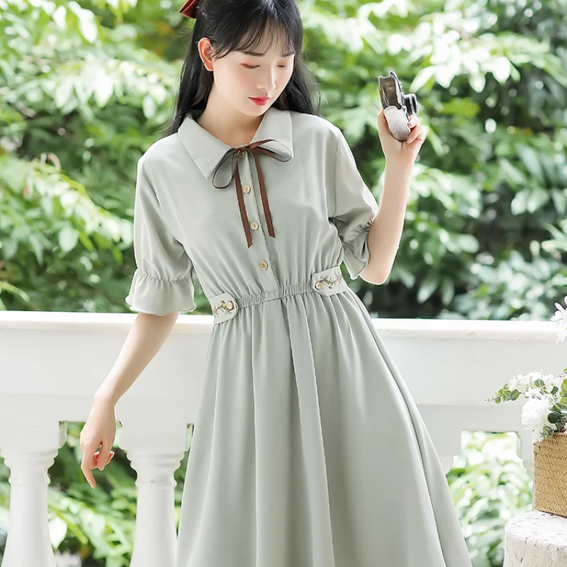

Small Fresh Sweet Dress Female Summer New Style Elastic Waist Fairy Student Thin Section Polo Collar A-line Skirt Green Apricot