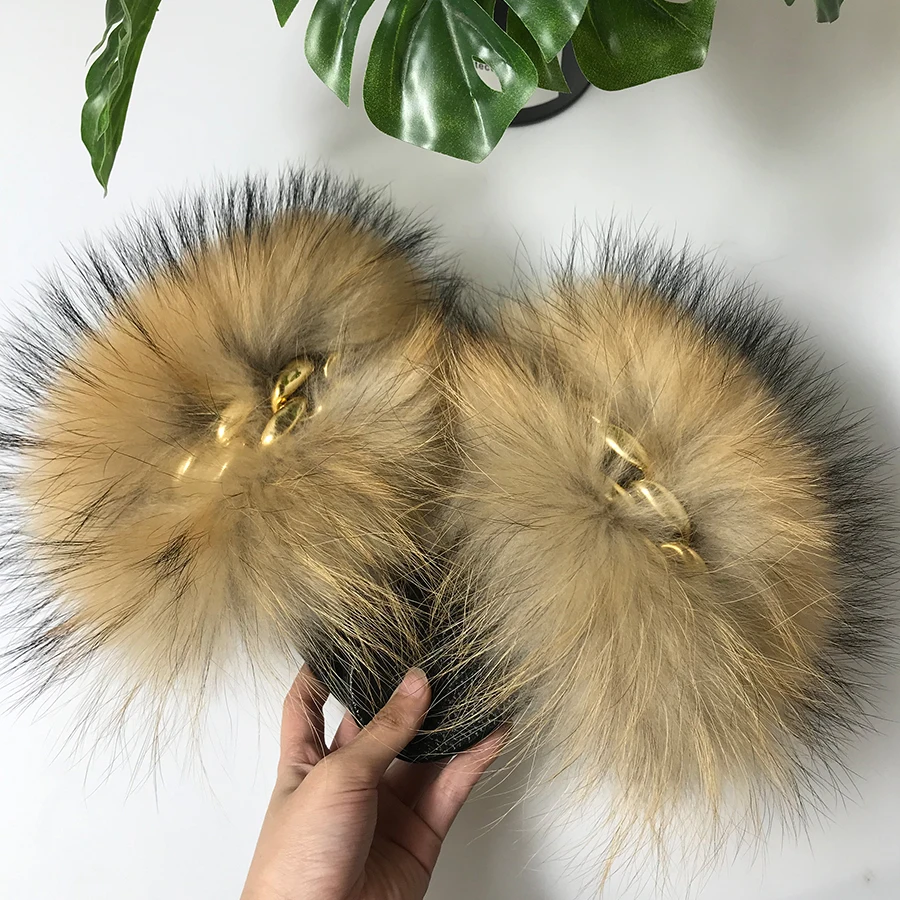 

Big Fox Fur Slippers Women Sandals 2021 New Fashion Slides Comfort Flat Flip Flops Fluffy Anti-Slippery Slippers