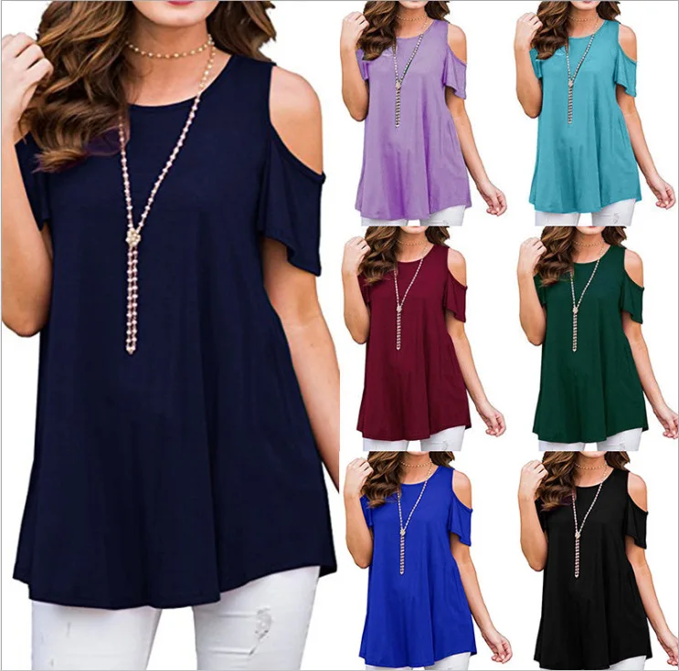 

2018 Summer Women's O Neck Off-Shoulder Short Sleeve Solid Top T-shirt Female Plus Size Pink Shirts Strapless Tops for Women