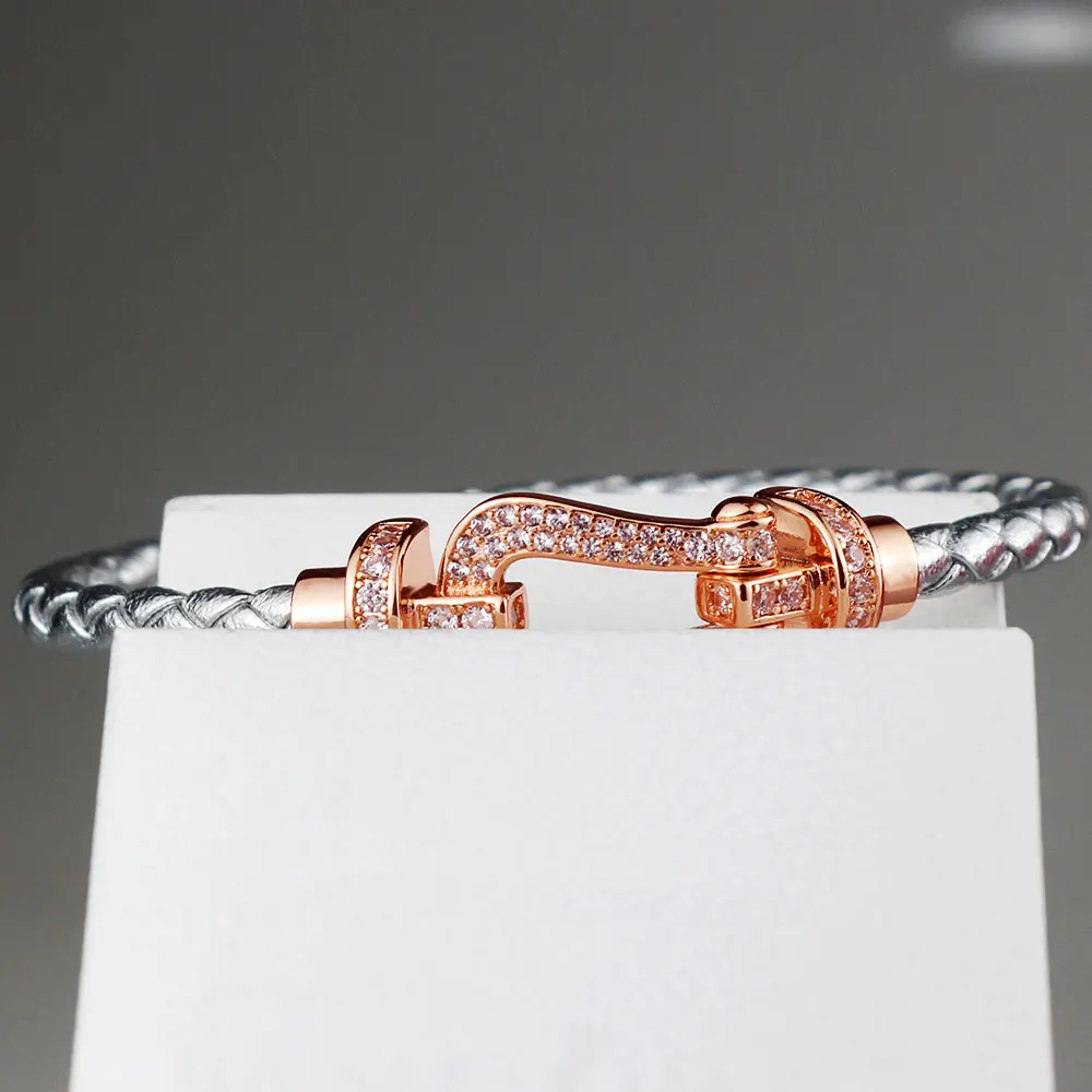 

AYBS Jewelry Luxury Bracelet Premium Quality Original1:1 Logo Rose Gold Horseshoe Shiny Leather Cord Bracelets Fred