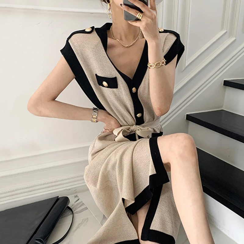 

Korean Chic Summer V-neck Knitted Long Dress Thin Ice Silk Sleeveles Single Breasted Cardigan Vest Split Belted Vestidos DR021