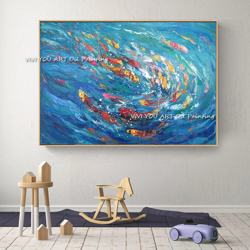 

Lucky Koi Color Fish Water Wall Art Painting Hand Painted Modern Large Oil Painting on Canvas Picture For Living Room Home Decor