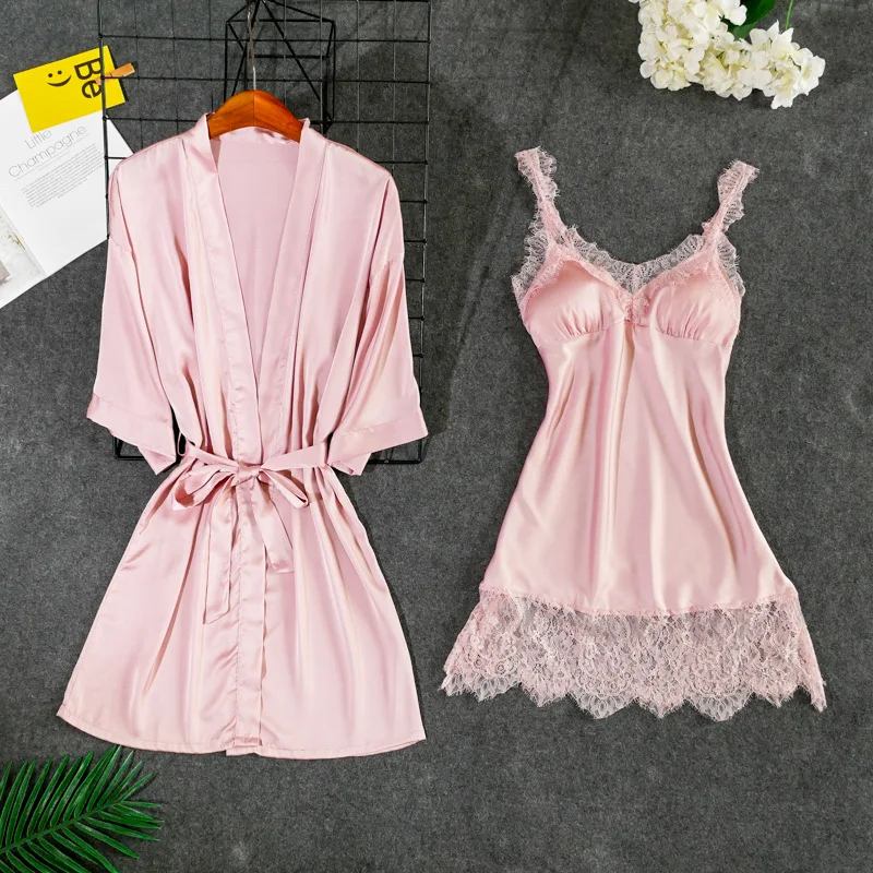 Fiklyc underwear women's sexy padded chest robe& gown sets lace& satin patchwork V-neck mini nightdress+ robes pijamas NEW