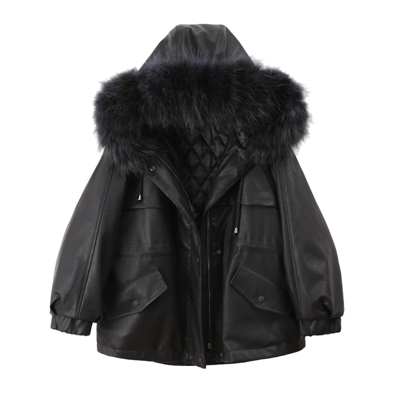 Hooded Genuine Fur Collar Thick Leather Coat Women's Winter New Korean Style Loose PU Leather Jacket