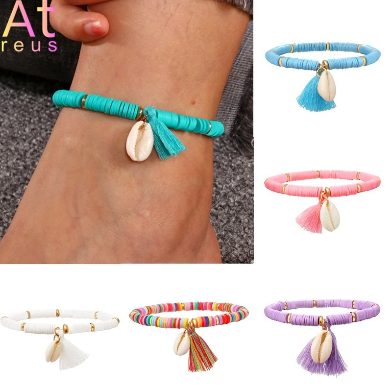 

New Bohemian polymer clay Anklet Handmade Circle 6mm Mix Color Wom Soft Ceramic Ankle Bracelet Shell Tassel Summer Jewelry