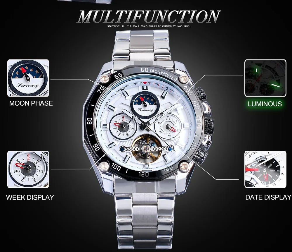 Forsining белый для мужчин Tourbillon механические часы Автоматическая Дата Moonphase сталь Спорт на открытом воздухе бизнес для мужчин Reloj Hombre подарок