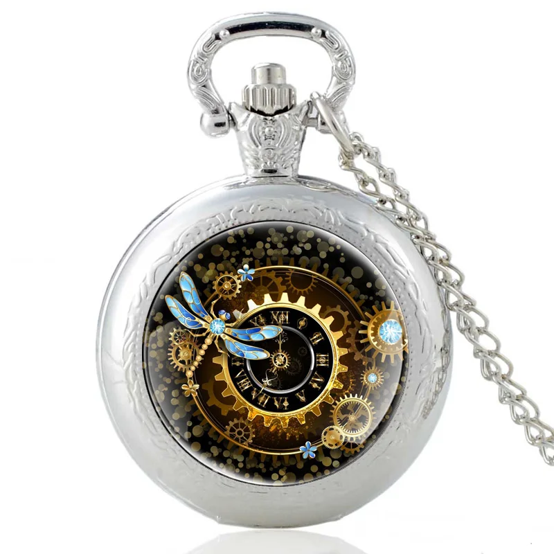 

Classic Steampunk Gear Dragonfly Design Silver Glass Dome Vintage Pocket Watch Men Women Pendant Necklace Hours Clock Best Gifts