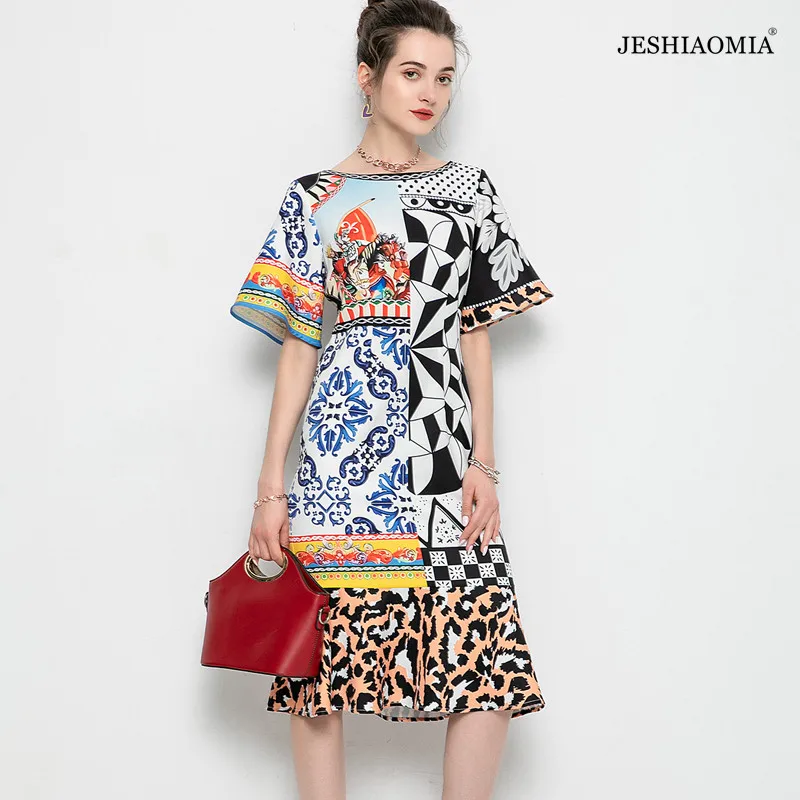 

2021 SPRING ROUND NECK PRINT FLARED SLEEVE MIDI DRESS