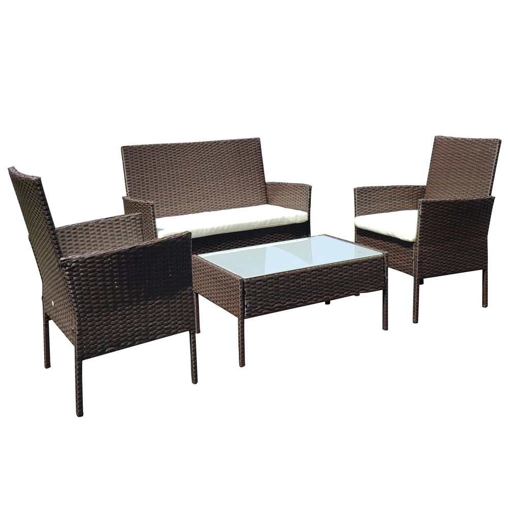 

4 Pieces Patio Furniture Set Outdoor Rattan Chair Wicker Sofa Garden Conversation Bistro Yard Pool Backyard Table Tempered Glass