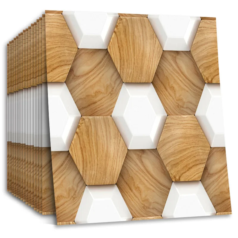 Самоклеящаяся настенная бумага водостойкая Шестигранная форма узор под дерево