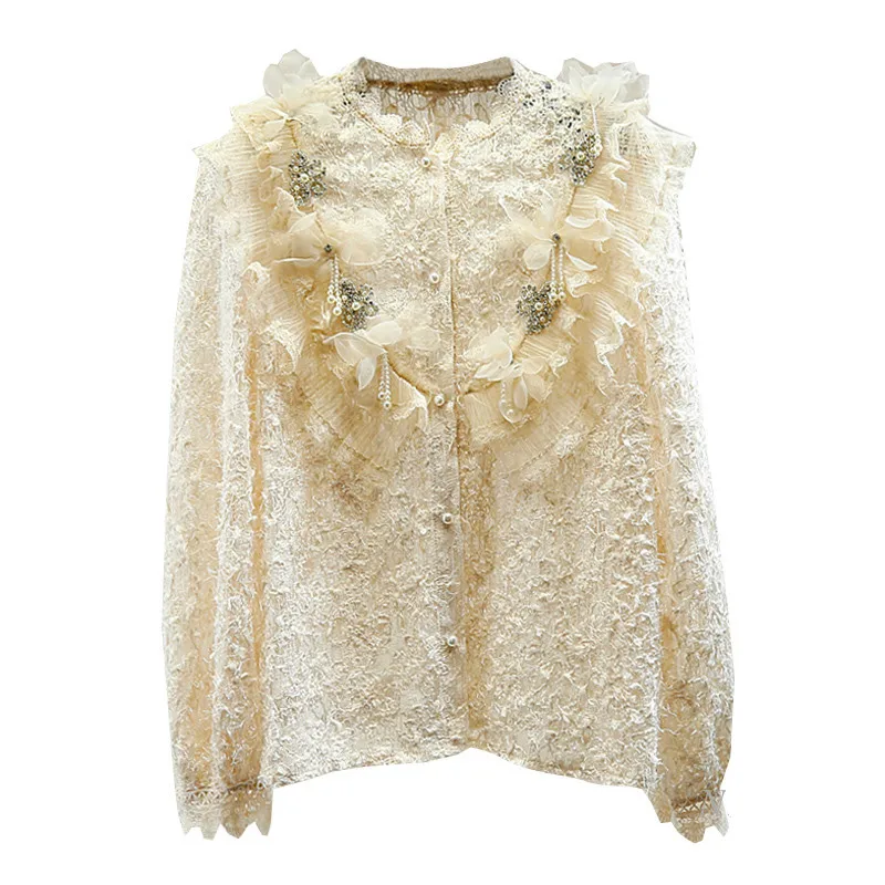 

Женская кружевная рубашка Стразы с бусинами трехмерная милая блузка с оборками однобортная ажурная кружевная блузка Топы