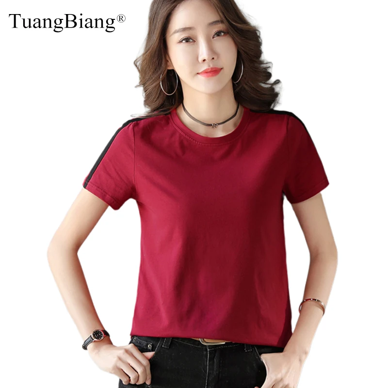 

TuangBiang2022 Summer Ladies Cotton T-Shirt Loose Casual Striped Patchwork Short Sleeve Women Tshirt O-Neck Soft ComfortableTops