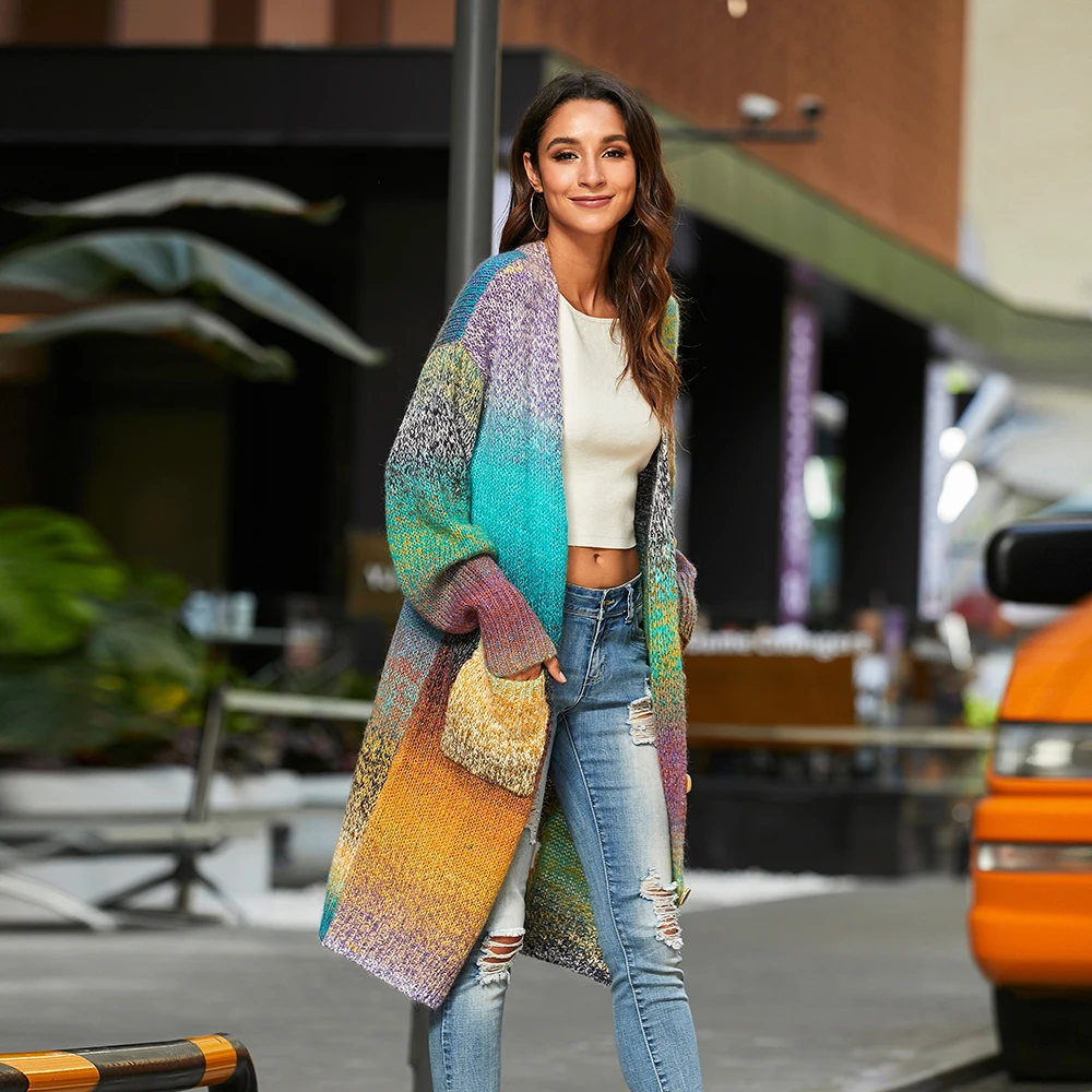 Женский свободный кардиган в радужную полоску с длинным рукавом и карманами