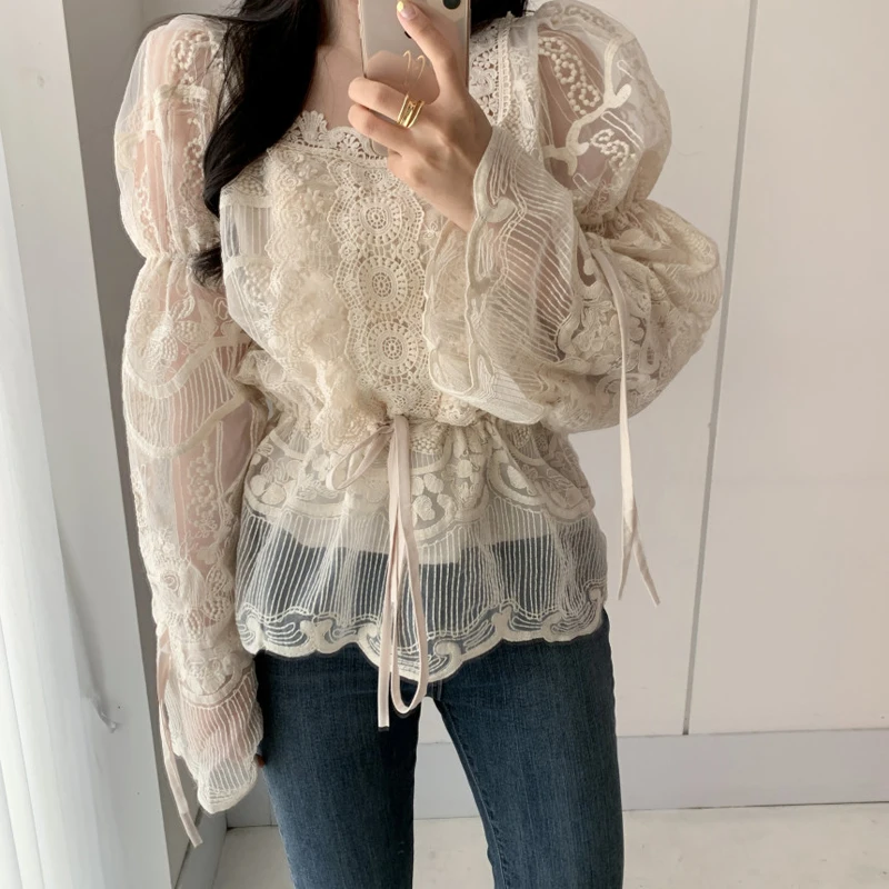 

Korean Lace Sweet Pullover Solid Puff Long Sleeves Shirts 2020 Women Square Collar Casual Blouses