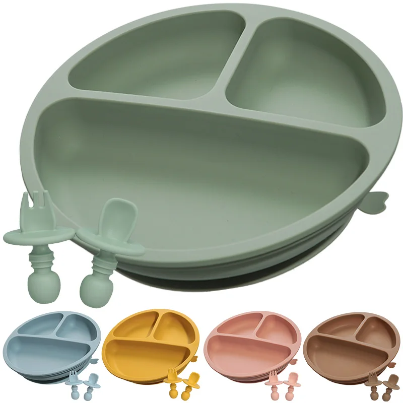 BPA Free Solid Silicon Baby Suction Plate Fashionable Feeding Accessorie Newborn Learning Plate Set With Fork Spoon Dropshipping